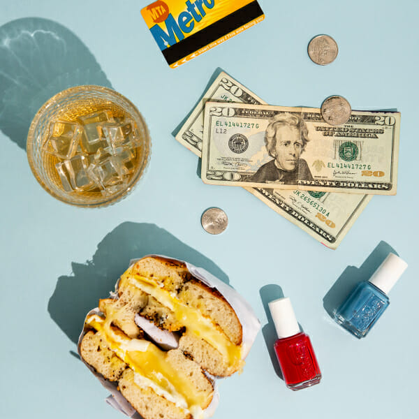 egg cheese bagel essie nail polish money metro card